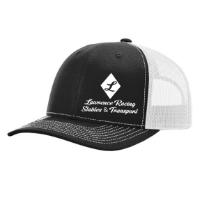 Black & White Trucker hat with Lawrence Racing Stables & Transport logo in white
